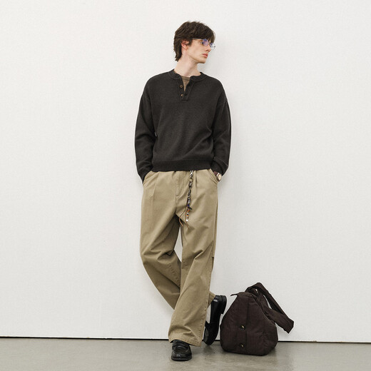 714street Retro Henley Collar Black Sweater Men's 2025 Autumn and Winter New Skin Friendly Crisp Fitted Sweater Floral Brown M