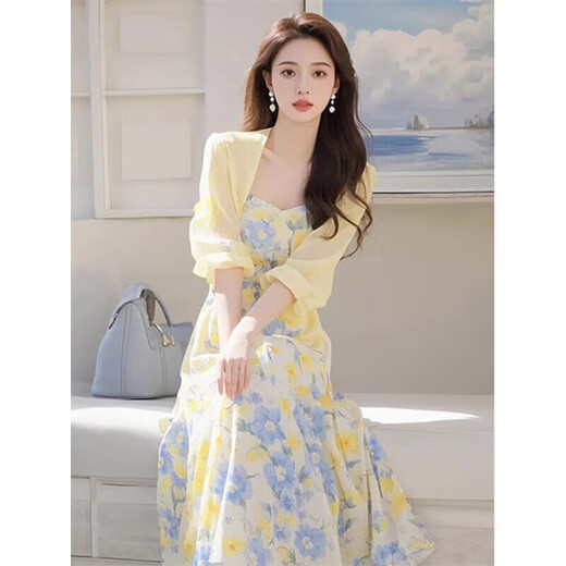 Clothing Yuan floral dress for women 2025 summer new French temperament beach vacation beach skirt cardigan dopamine wear cardigan + suspender skirt (two-piece set) L (105-115Jin[Jin equals 0.5 kg])
