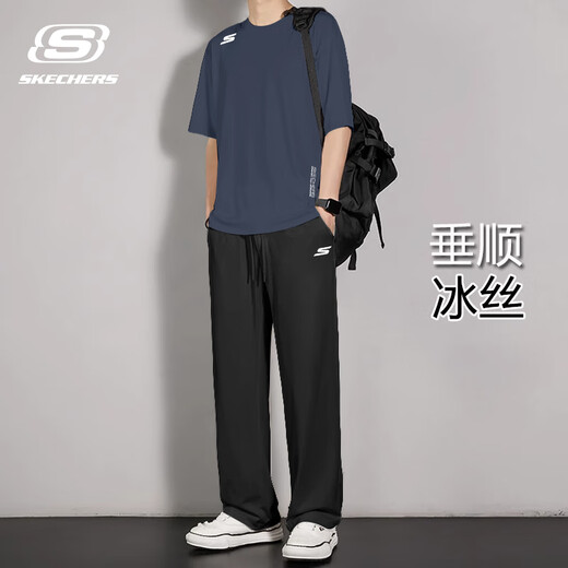 
SKECHERS Skechers Sports Set Men's New Quick-Drying Knitted Short Sleeve Straight Pants Teen Trendy Casual Two-Piece Set M291-026R Odyssey Gray [Set] L/175