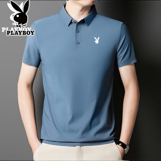 Camiseta de manga corta de seda de seda de hielo playboy para hombres 2025 Nuevo negocio de mediana edad solapa de color sólido Polo de gran tamaño Klein Blue-12358H-Ice Silk Traceless Camiseta 2XL 140-155Jin [Jin equivale a 0.5 kg]