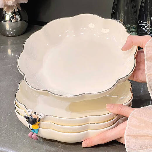 
Yusen Memories Light Luxury Plate Household Dish Plate Ceramic Steamed Fish Plate Bowls Tableware Set Underglaze Color Cream Style Gold-painted Plate 8.25 inches 4 packs 1391 Underglaze Color