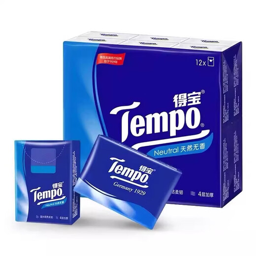 TEMPO 4 layers, 7 sheets, 12 packs, natural unscented mini handkerchief paper, thickened handkerchief paper, 4 layers, 7 sheets*12 packs