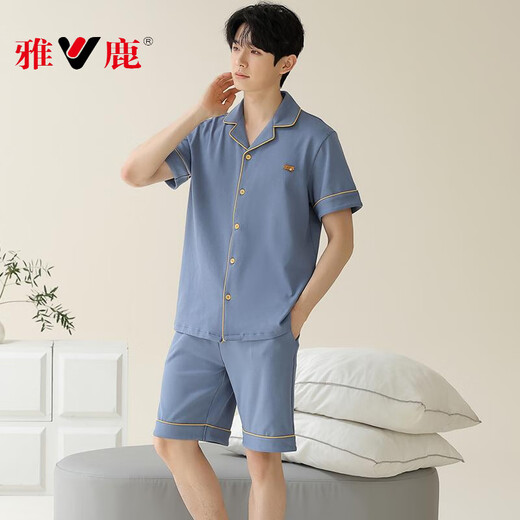 雅鹿睡衣男2025夏季纯棉短袖短裤开衫薄款大码纯色休闲家居服套装 蓝绿色12801 2XL 【建议140-160斤穿】