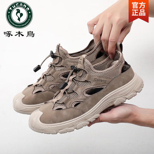Woodpecker Sandals for men in summer 2025 new style of outer wear Baotou hole sandals men's non-slip sports straight stream wading beach shoes 1283 black 39