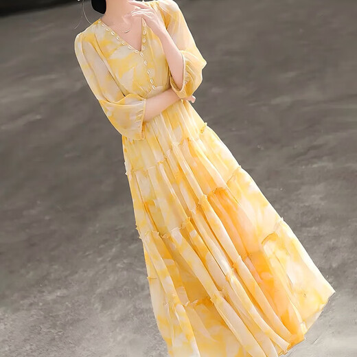 
[Youlibu] 2025 new summer high-end temperament V-neck yellow printed vacation dress for women D1544 yellow XL [120-130Jin [Jin equals 0.5 kg]]