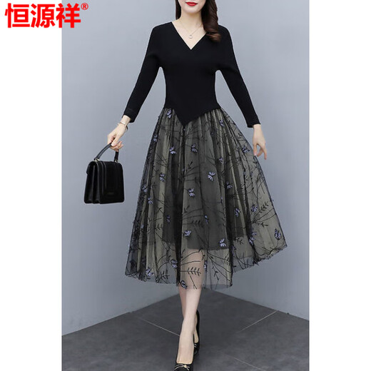 Hengyuanxiang yarn dress for women Spring and Autumn 2025 new summer high-end exquisite luxury brand temperament celebrity fake two-piece suit Black XL recommended 115-125Jin [Jin equals 0.5 kg]