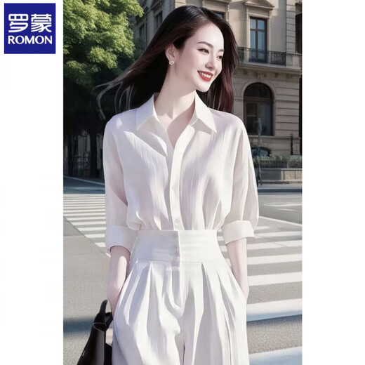 罗蒙高级感白色衬衫休闲裤两件套女装职场通勤干练气质2025年春夏新款 上衣+裤子【两件套】 M