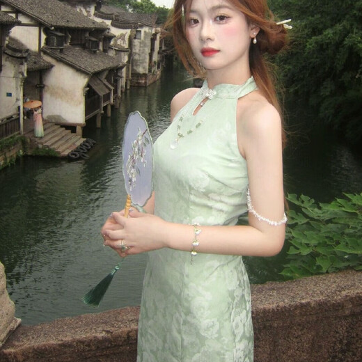 Zhenxiqi new Chinese style national style cool feeling green improved cheongsam sexy style thousands of beautiful halterneck dress women summer turquoise L