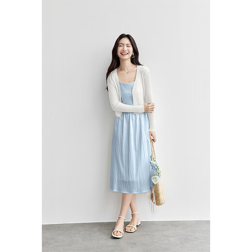 尚都比拉【两种裙长】长款or短款气质通勤U型领可调节肩带A字吊带连衣裙 W52HB2065 罩衫  白色 均码