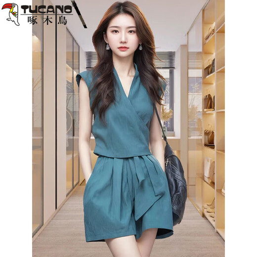Woodpecker (TUCANO) cotton niche vest shorts goddess suit 2025 summer new style dignified fashion age-reducing two-piece set 5247 blue L [Suggested 105-115Jin [Jin equals 0.5 kg]]