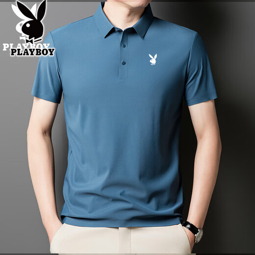 Camiseta de manga corta de seda de seda de hielo playboy para hombres 2025 Nuevo negocio de mediana edad solapa de color sólido Polo de gran tamaño Klein Blue-12358H-Ice Silk Traceless Camiseta 2XL 140-155Jin [Jin equivale a 0.5 kg]