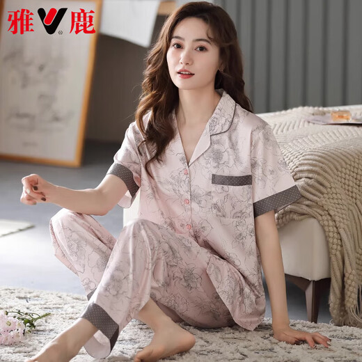 Yalu high-end 2025 pajamas for women in summer satin short-sleeved trousers new summer silk summer middle-aged mother home clothes 6626 2XL (weight 140-160Jin [Jin equals 0.5 kg])
