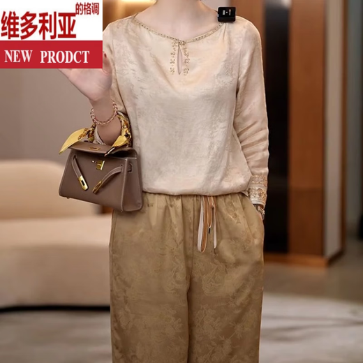Victoria's Style Light Luxury Jacquard Modeanzug für Frauen 2025 SOMMER NEUER STYLE DIGNIFIED UND ELEGANT LOOSE TOP + HOSEER LICHT GOLD M HEIGE 90 JIN [JIN ERHMEN 0,5 KG] -105jin [Jin gleich 0,5 kg]
