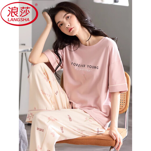 Langsha Pyjamas für Frauen im Sommer 2025 Neue Baumwolle, dünne, lockere kurzärmelige Hosen lässig und können außerhalb von Heimbekleidungsanzug Fvenkoan 7374 m getragen werden [Empfohlen 80-105jin [Jin gleich 0,5 kg]]]