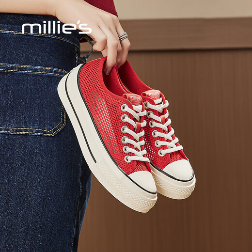 妙丽（Millies）网面鞋女透气百搭休闲板鞋女夏季薄款帆布鞋小白鞋女鞋 红色 36