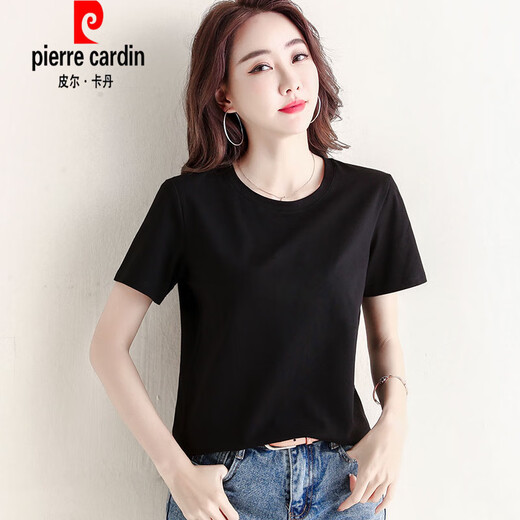 
Pierre cardin cotton short-sleeved T-shirt for women loose and versatile solid color round neck black base T-shirt summer top knitted 6172 black short-sleeved M (recommended 80-105 Jin [Jin equals 0.5 kg])