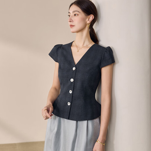 Roeyshouse Roe Intellektueller V-Ausschnitt Taille Plaid-Hemd für Frauen 2025 Sommer neuer Stil French Puff Ärmel 12117 Plaid M.