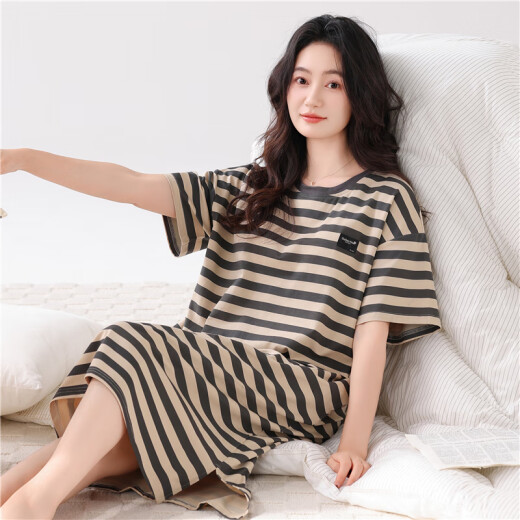 Camisón integrado de Kangduomi con almohadilla para el pecho para mujeres Summer algodón puro mangas delgadas de mangas cortas 2025 Nuevo rayas de algodón puro Estilo de longitud media 160/m Peso recomendado 80-100 Jin [Jin equivale a 0,5 kg] Almohadilla de un solo tamaño 14102