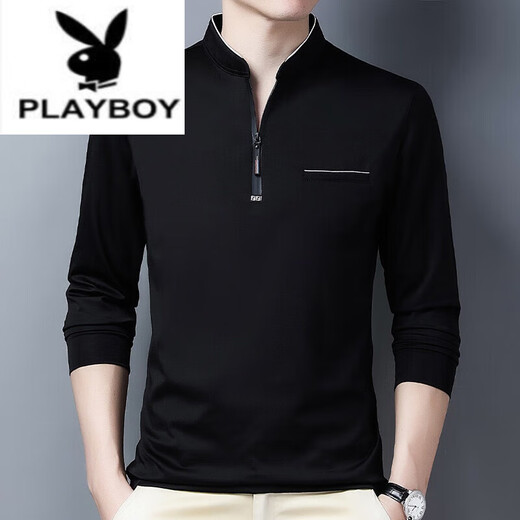Playboy (PLAYBOY) pure cotton long-sleeved T-shirt men's casual thin T-shirt top summer spring autumn winter middle-aged men's stand-up collar base long sleeves 6625 rose red thin style L 170 suggestions 120-140Jin [Jin equals 0.5 kg]