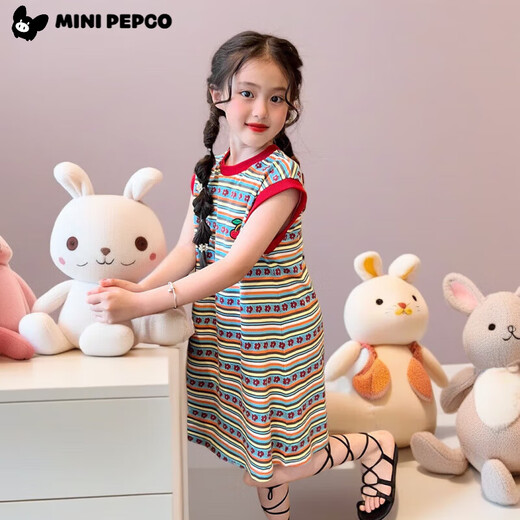 Little Pig Banner Girls Girls Summer Streifen Retro Weste Rock Neues Baby Kinder All-Match T-Shirt Kleid LOSSER BLOEL STRIP ROCK 160 Empfohlene Höhe 150-160 cm