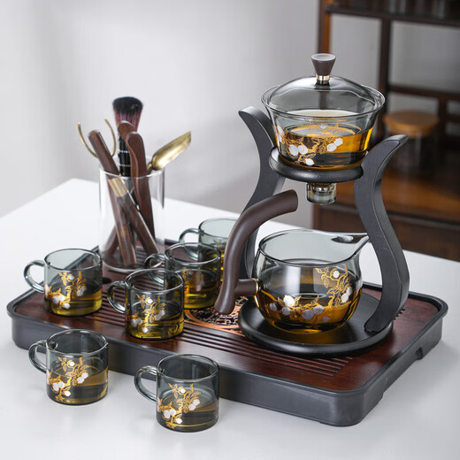 Lazy man's tea making artifact complete set of magnetic palace lantern glass semi-automatic tea cup Kung Fu tea set tea tray household tea dispenser Palace light bulb tea set-ash peach style 15-piece set