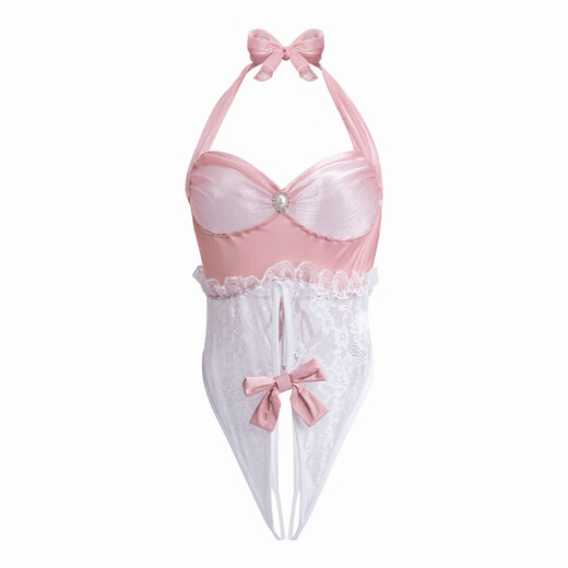 Manyan sexy Dessous sexy Spitzen Perspektive Hals Tiefes VIEL Französischer Jumpsuit Uniformes Set 9853 Pink [einteiliger einteiliger Jumpsuit] Einzelgröße