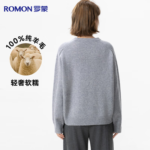 罗蒙【100%绵羊毛】纯羊毛衫女士秋冬厚款圆领宽松打底衫红色套头毛衣