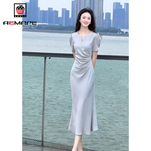 AEMAPE法式气质名媛高端2025浅蓝色连衣裙夏季女神范感端庄大气正式场合 浅蓝色连衣裙 XL 【建议115-125斤】