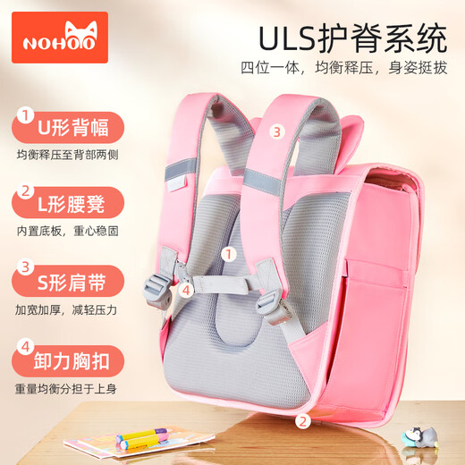 Nuohu Kindergarten upgrades to primary school students' schoolbags for girls in grade 1 and 2 children's burden reduction and spine protection girls' backpack fashion [15 liters] horizontal/rabbit + pencil bag + gift bag