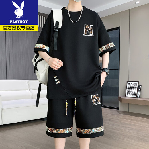 Playboy's new summer Chinese style fashion casual men's suit round neck short-sleeved T-shirt shorts two-piece set [short-sleeved suit] 6195 off-white XL (recommended 130-145Jin [Jin equals 0.5 kg])