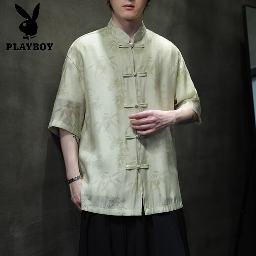 Playboy (Playboy) Summer delgado Camisa de manga corta Nuevo estilo chino Estilo antiguo Botón Tang Suit Men's Chinese Bamboo Leaf Top Zhongshan Suit CS9898 Negro 5xl