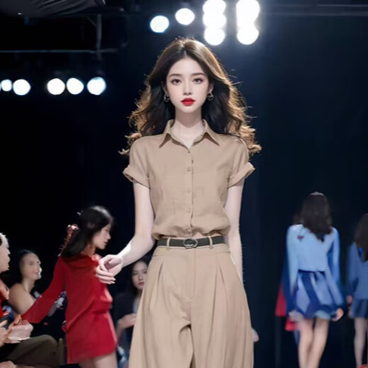 欧迪惠（Oudihui）时尚气质套装女2025夏季休闲裤女装新款短袖衬衫高腰阔腿裤两件套 灰色套装 L