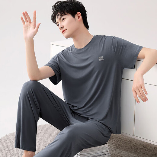 UKUHPK男士夏季薄款冰丝凉感睡衣家居服莫代尔短袖长裤套装 2679 短袖+长裤 L 100-120斤