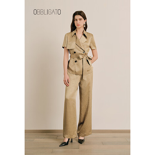 OBBLIGATO Oligato 2025 autumn and winter special selection of textured double-breasted coat style top and antique gold women's pants S