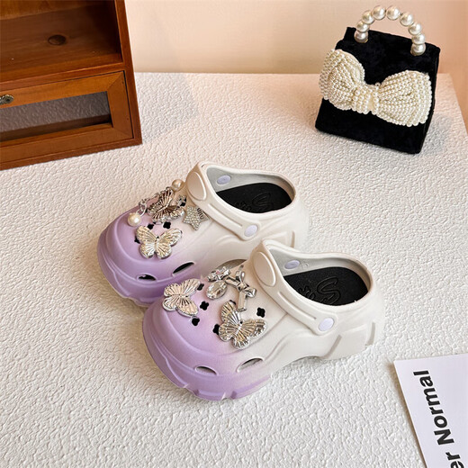 Children's sandals, girls' clogs, sandals, non-slip toe-cap slippers, 2025 summer new color-blocking beach shoes, purple butterfly stars, size 32-33, inner length 20cm