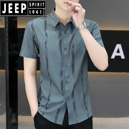Jeep Spirit New 2025 Sommer Herren kurzärmeliges Hemd Trendy hübsches Eis Silk Zentimeter Dünnes kühles Hemd 7027 Black M 90-110Jin [Jin gleich 0,5 kg]