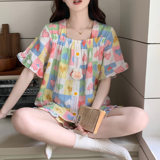 
Langsha 2025 new pajamas for women in summer cloud cotton with chest pad short sleeve sweet love can be worn outside home clothing set 15265 chef dog fixed chest pad M single size