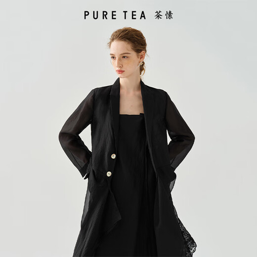 茶·愫【静奢千金】puretea茶愫西装翻领鸢尾花刺绣大摆量长外套25夏新 石墨黑 S