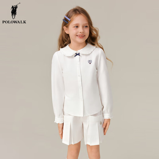 POLOWALK children's clothing girls' long-sleeved shirt 2025 autumn new college style embroidered top medium and large children's jacket white 120 120cm