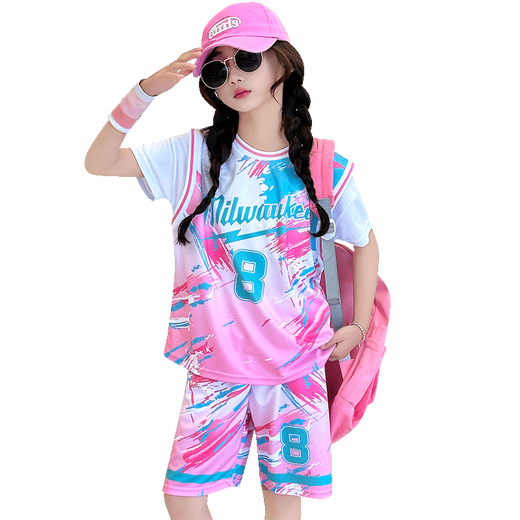 Basketballuniformen für Mädchen 2025 Sommer Neue Kinder mit mittlerer bis großer Kinder Schnelltrocknen Sportanzug Nr. 8 gefälschter zweiteiliger Wettbewerbstraining-Anzug Pinkanzug (kurze Ärmel + Shorts) 140 (empfohlen, innerhalb von 130 zu sein)