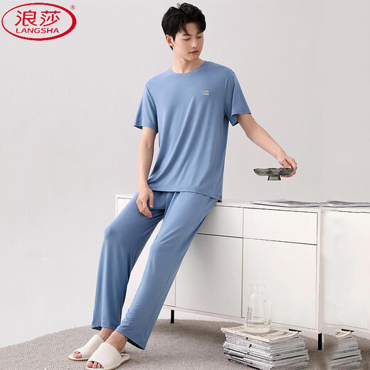 浪莎（LangSha）莫代尔棉睡衣男款年新款棉质短袖长裤简约休闲大码睡衣家居服套装 (2677)*短袖*长裤#hf7* 3XL (适合160-180斤)