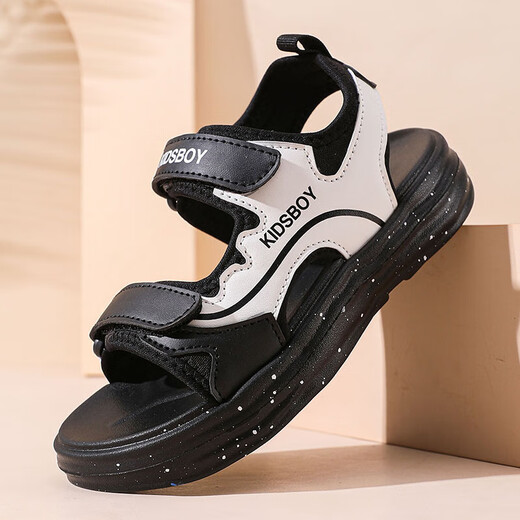 Boys' Sandals 2025 Summer New Hollow Children's Beach Shoes Soft Sole Non-Slip Handsome Middle and Large Children's Open-Toe Sandals HBL2505/Black and White Upgraded Model 31 Size Standard Size