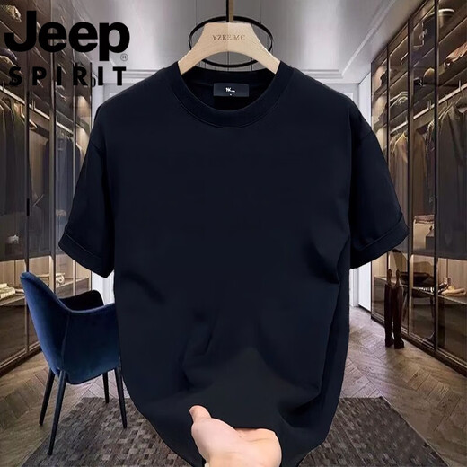 吉普（JEEP）短袖t恤男士夏季新款印花圆领宽松休闲运动吸汗透气体恤男装 723黑色【重磅纯.棉】 M 90-100斤