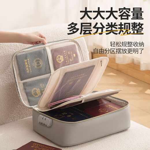 Gray Duck (None) New Certificate Storage Bag Family Passport Document Storage Box Large Capacity Contrast Color Portable Travel Card Case Storage Bag Gray Three-layer Lock [35x26x11cm]