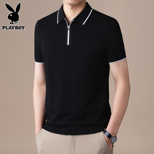 花花公子（PLAYBOY）高端半拉链Polo衫男士短袖t恤夏季新款宽松冰丝半袖上衣服男T舒适 FYMB9276草绿色 3XL 【161-170斤】