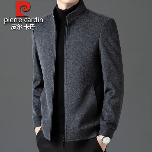 Pierre Cardin 100% Wool Stand Collar Jacket Men's Autumn and Winter New High-end Large Size Stand Collar Woolen Jacket Casual Coat Gray 100% Pure Wool XL 180 Recommended 135-150 Jin Jin equals 0.5 kg