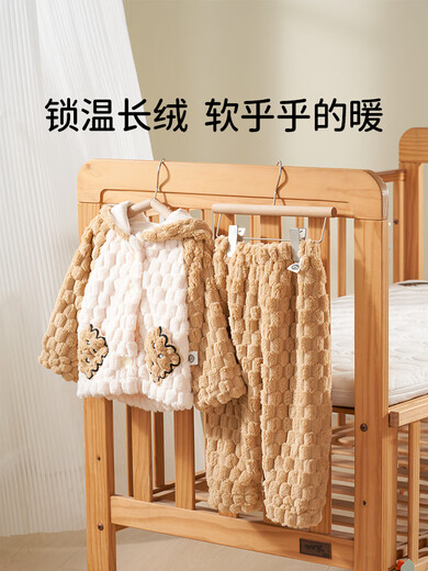 European pregnancy children's coral velvet pajamas autumn and winter 2024 new style girls and boys baby home clothes thickened parent-child clothes khaki biscuits 90 cm (recommended height 85-95cm)
