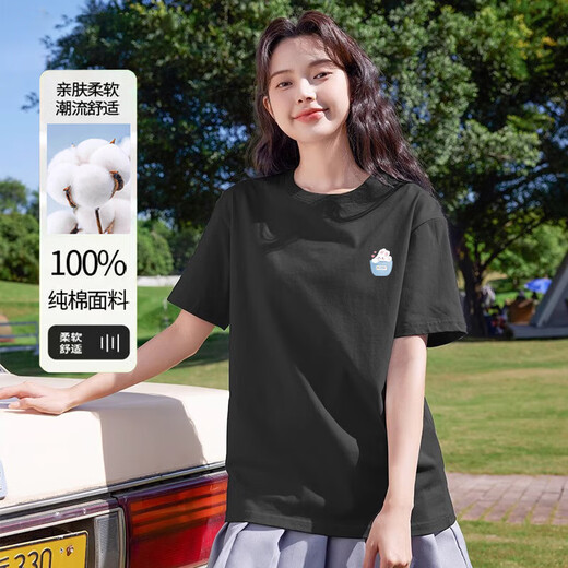 220克纯棉2025冰川蓝短袖t恤女夏季内搭t恤甜美学生上衣B701YL 1692黑色 L