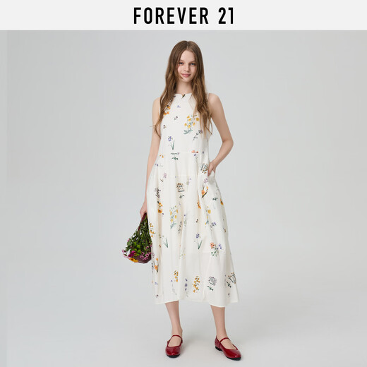 FOREVER21无袖连衣裙女2025年夏季新款法式度假风清新印花甜美休闲背心长裙 花灰米色 M