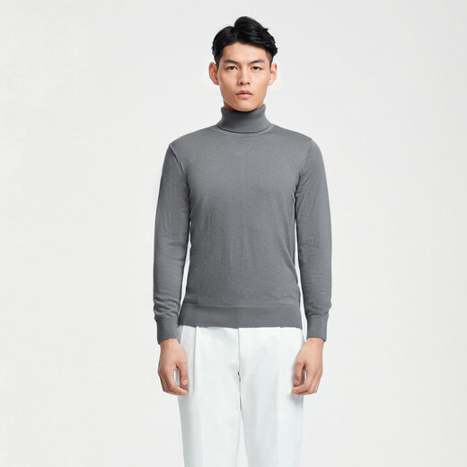 By Creations 14-pin pure wool machine-washed turtleneck pullover sweater for men's lightweight and micro-stretch casual warm knitted base shirt light gray (turtleneck) XL